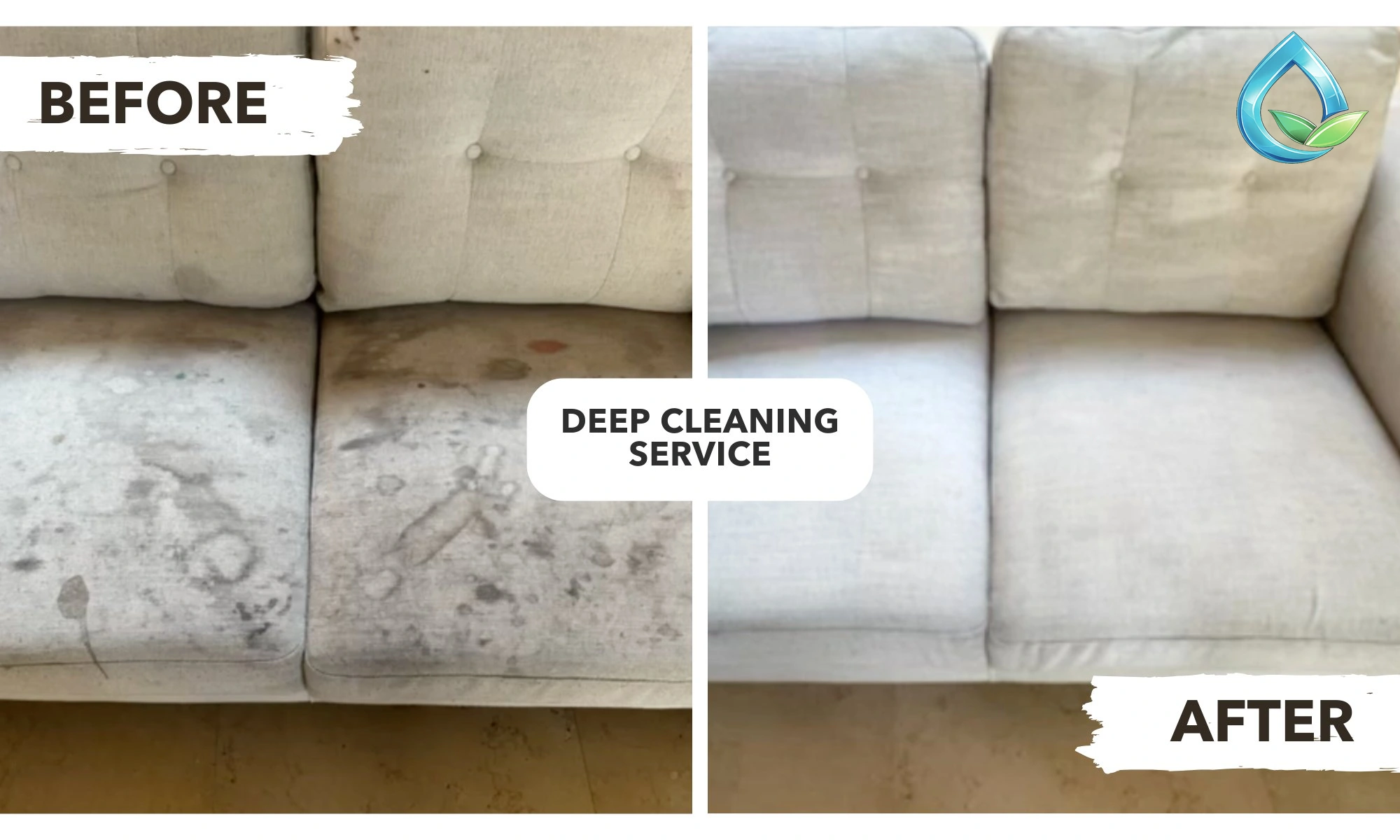 Before and after sofa deep cleaning proof by Pro Aqua Dubai