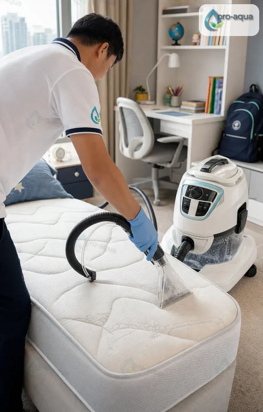 Pro Aqua technician in a white polo cleaning a mattress with Vivenso-style spray extraction equipment