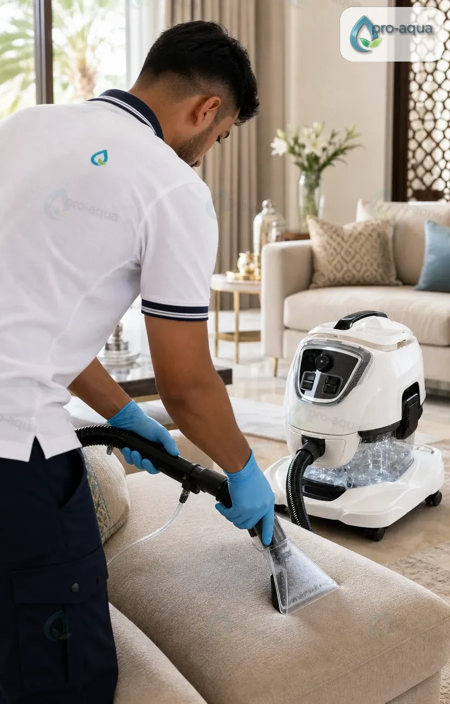 Pro Aqua technician in a white polo cleaning sofa fabric with Vivenso-style spray extraction equipment