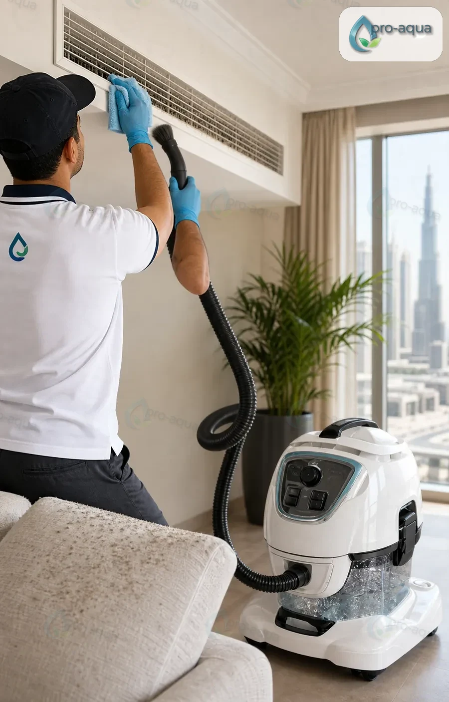 Pro Aqua technician in a white polo cleaning dust from an AC vent with a Vivenso-style water filtration system