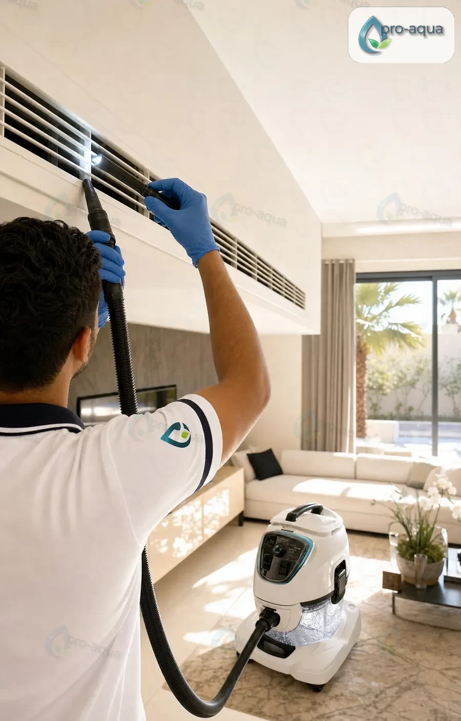 Pro Aqua technician in a white polo inspecting a Dubai home AC vent with a Vivenso-style water filtration system