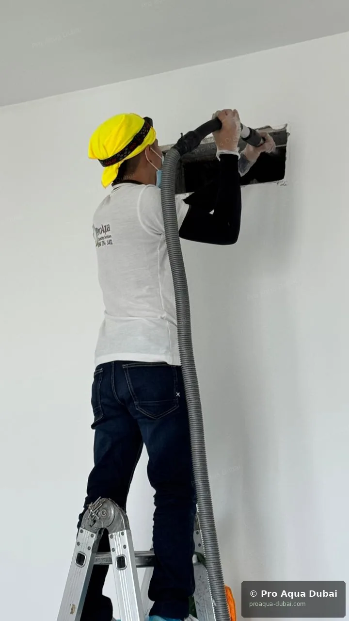 Pro Aqua technician vacuuming AC duct interior — Dubai job 2025
