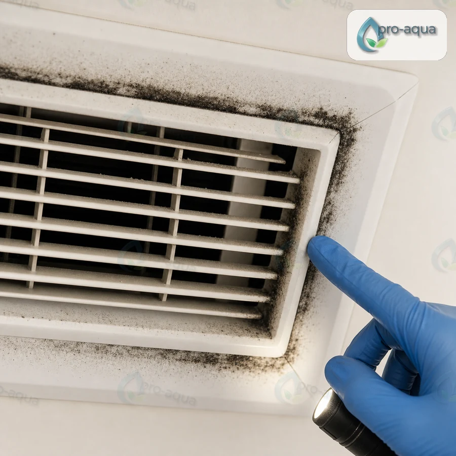 Black dust and mould warning signs around AC grills