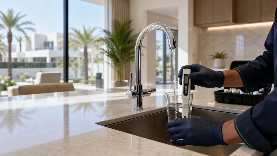 Illustrative ProAqua water check at a modern Dubai home tap