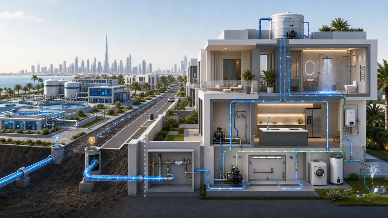 Illustrative Dubai villa building-side water path