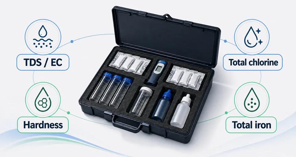 Illustration of a field-screening kit with prominent labels for TDS and EC, hardness, total chlorine and total iron