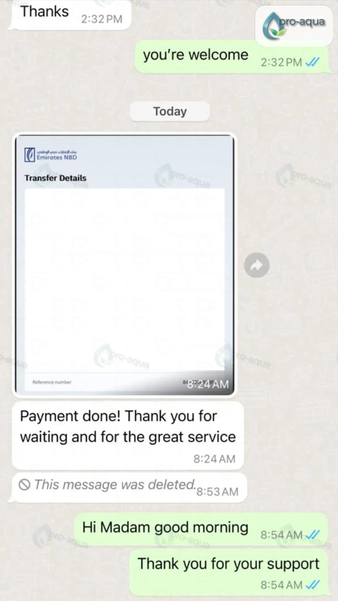 WhatsApp review screenshot — AC duct cleaning service feedback