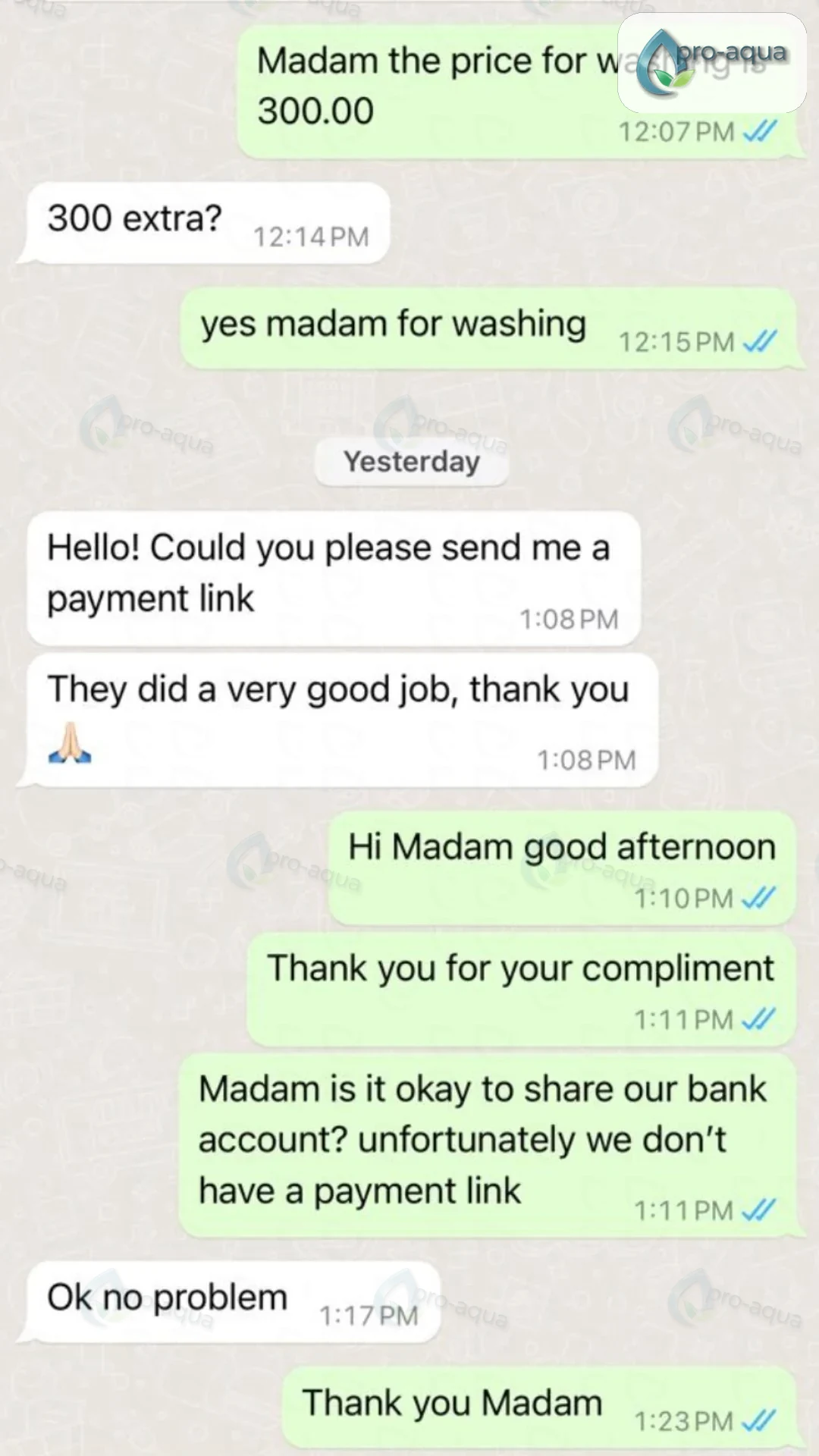 WhatsApp review screenshot — sofa cleaning feedback