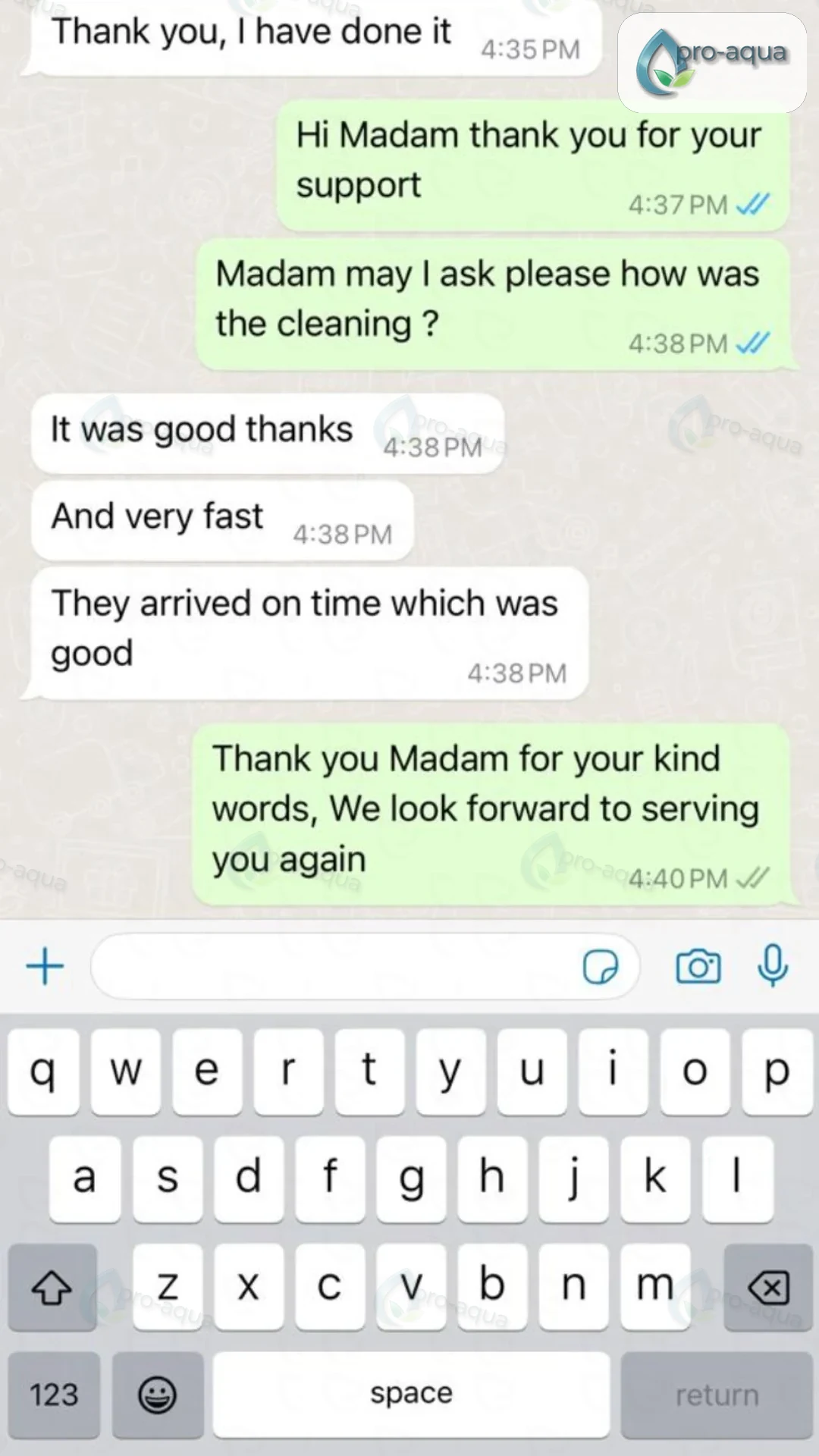 WhatsApp review screenshot — villa deep cleaning feedback